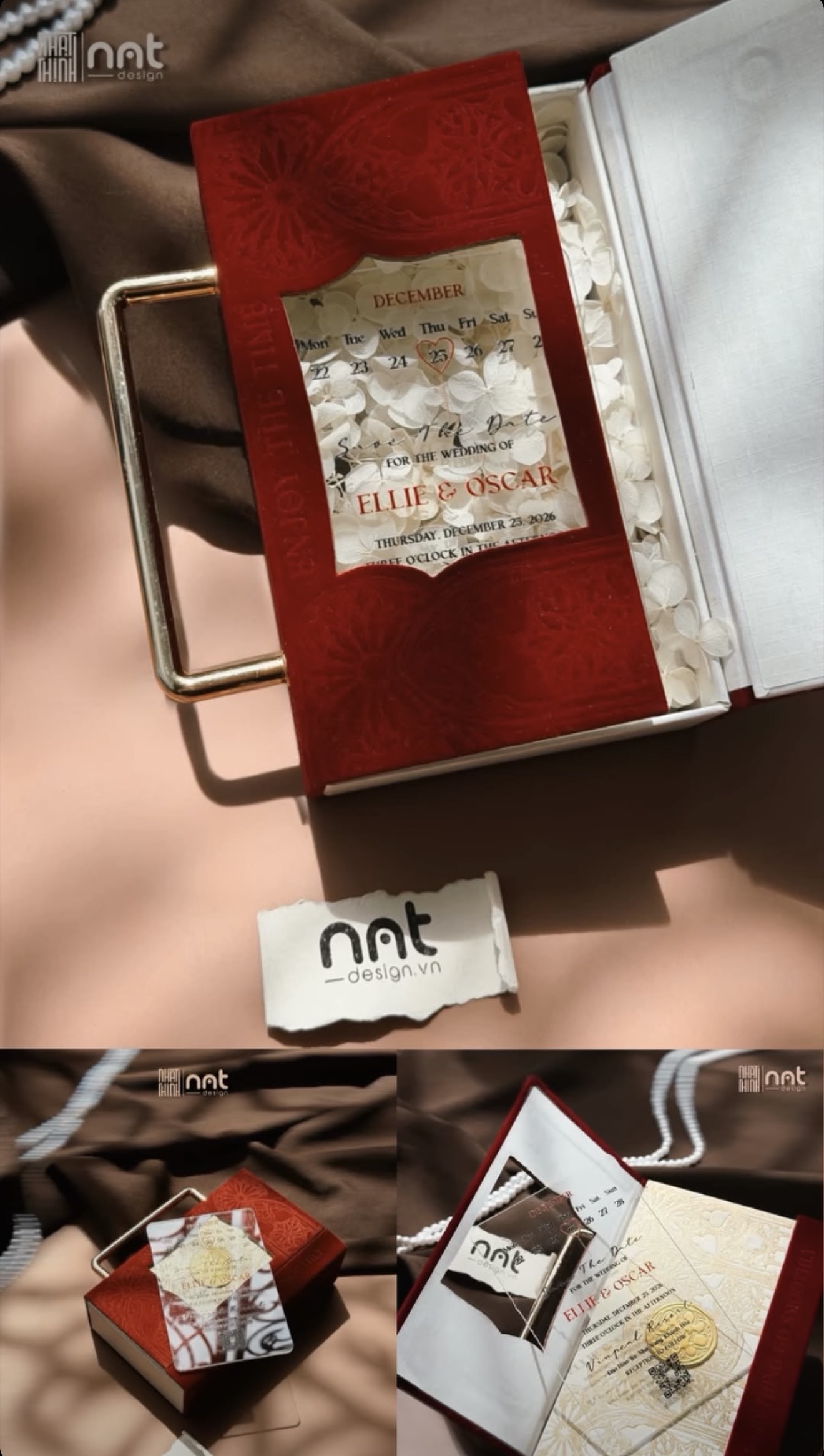 THIỆP HỘP NHUNG ĐỎ MICA