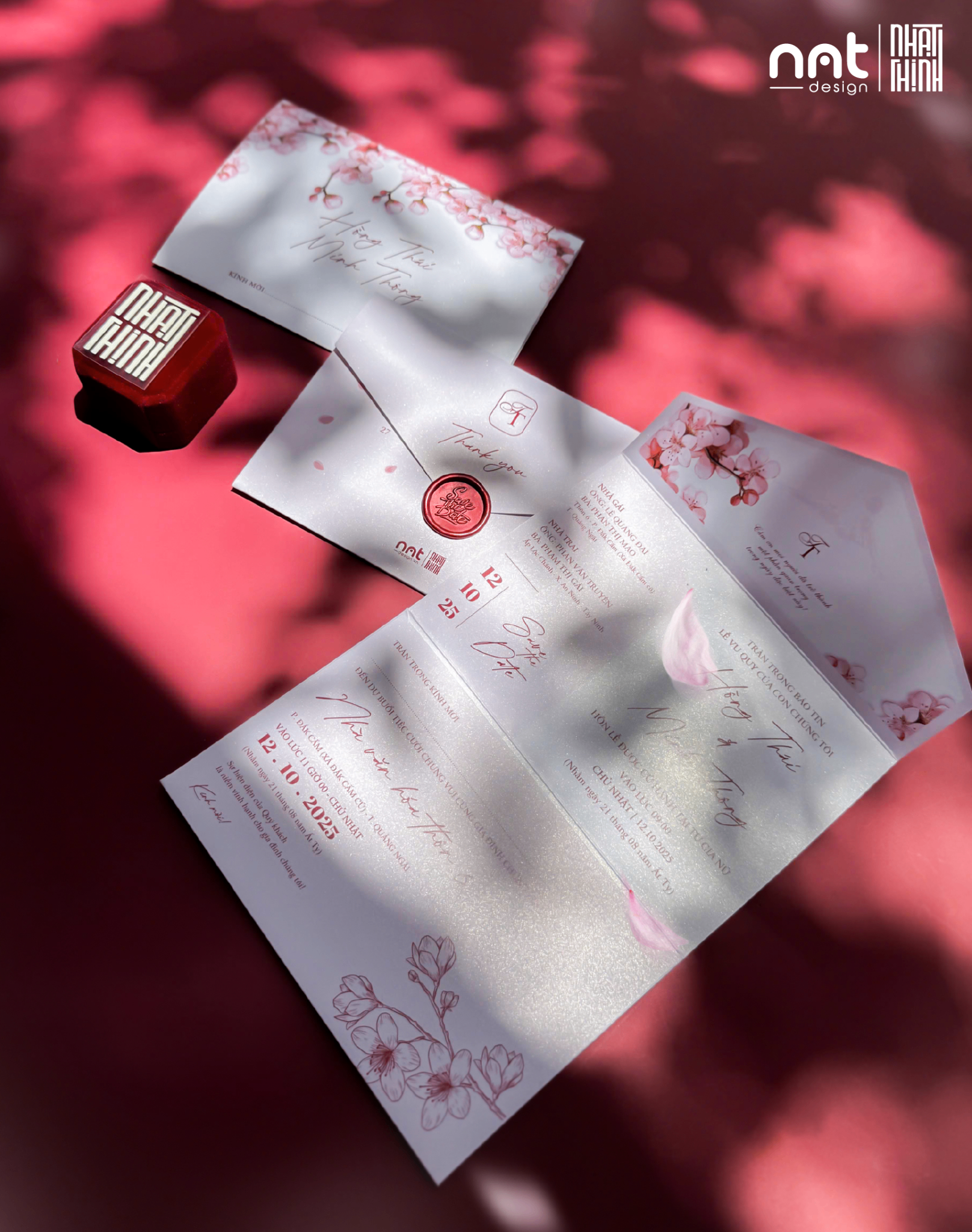 THIỆP CƯỚI GẬP 3 STYLE HOA ANH ĐÀO HỒNG TRANG NHÃ