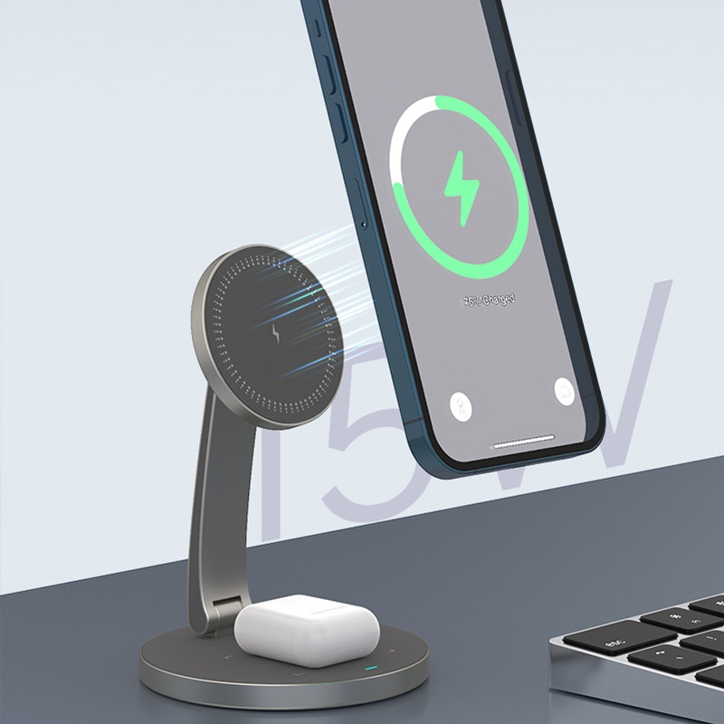 Đế sạc Magsafe Iphone Airpods kiêm giá đỡ nhôm