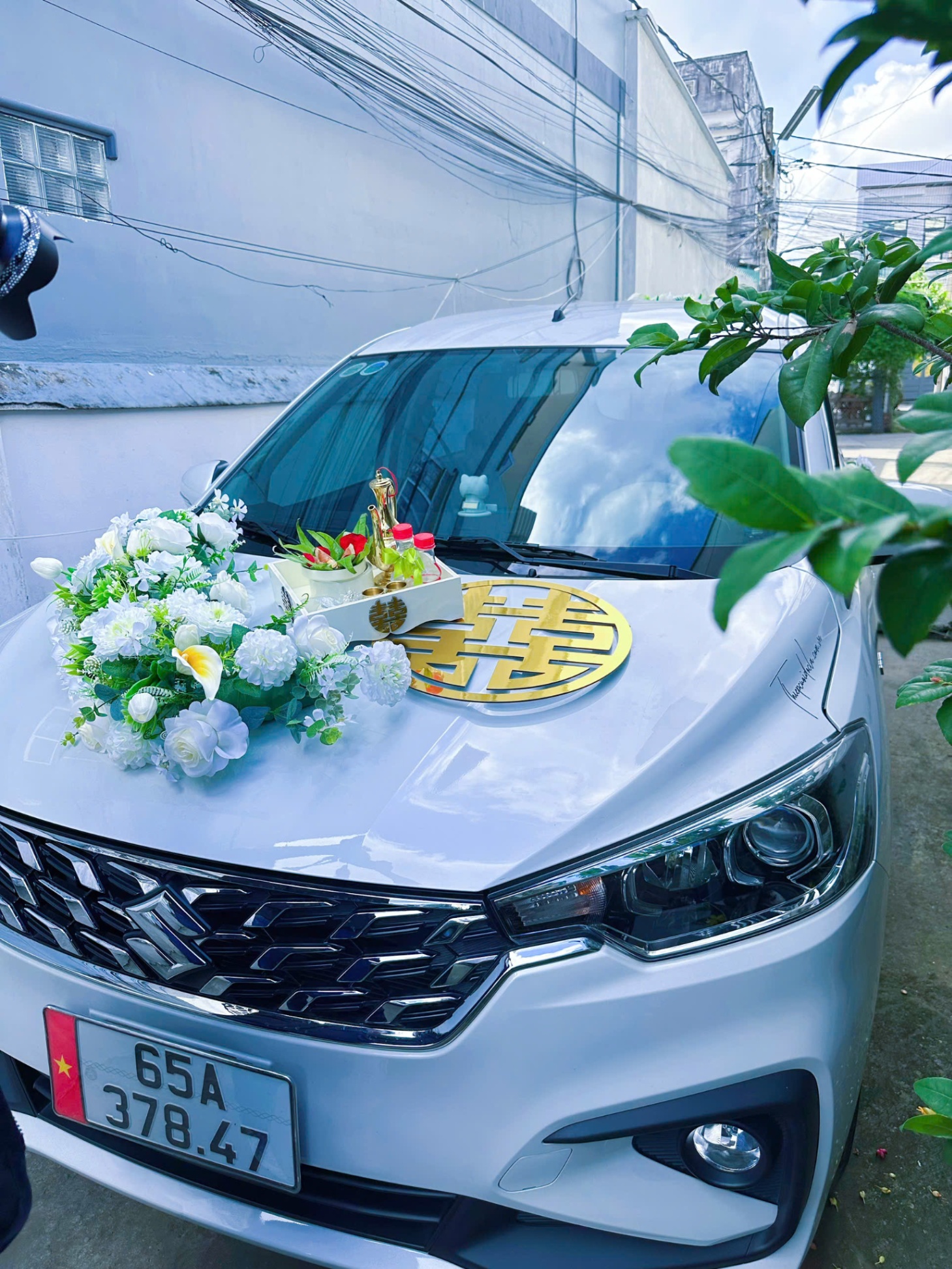 Hoa vải xe cưới cho thuê trắng xanh