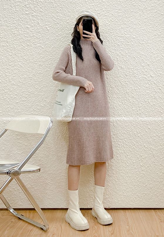 CHM024 - Váy len nữ dáng suông, thời trang thu đông, phong cách Hàn Quốc -  Đỏ