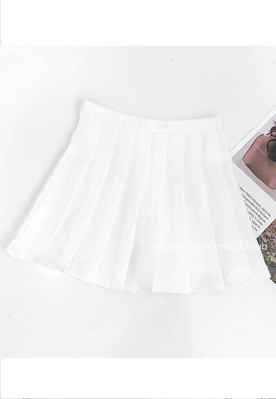 SẴN Váy S - Chân váy xếp ly ngắn màu trắng phối áo thun cổ tròn màu hồng |  Shopee Việt Nam