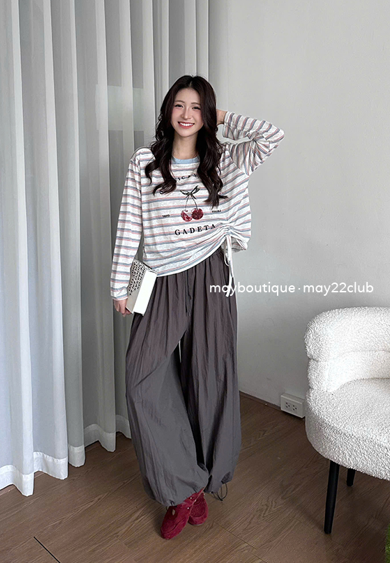 Áo phông giấy dài tay hình cherry rút eo #2695