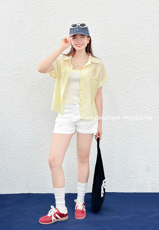 Set sơ mi cộc tay rút eo, 2 dây kẻ #702