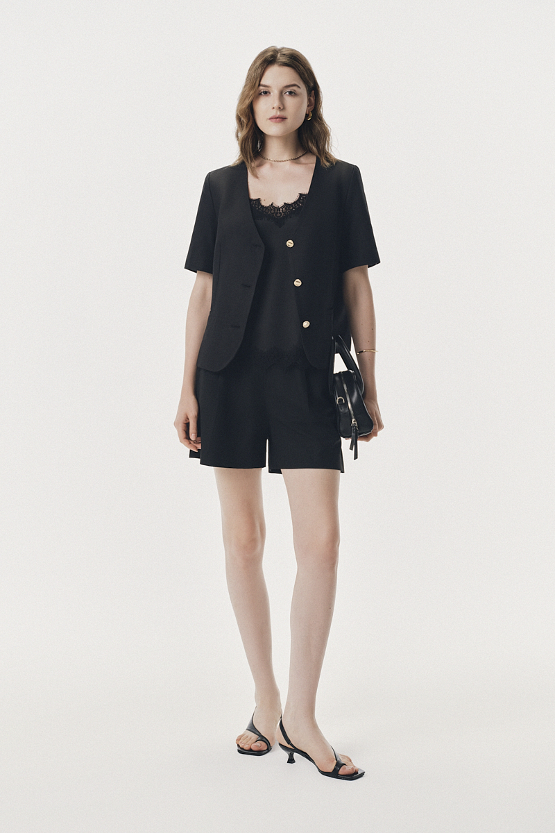 Áo khoác cổ V mặt đũi cúc kim loại