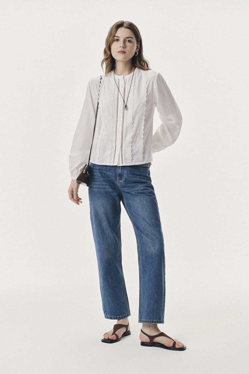 Áo kiểu dài tay bề mặt kẻ chìm phối dây ren