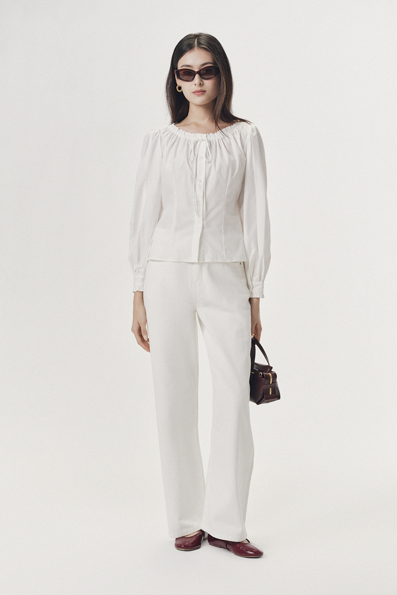 Áo kiểu dài tay dáng eo nhẹ rút nhún cổ