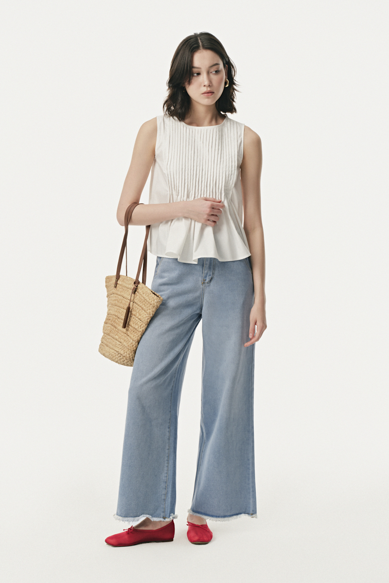 Áo kiểu không tay chất cotton xếp ly