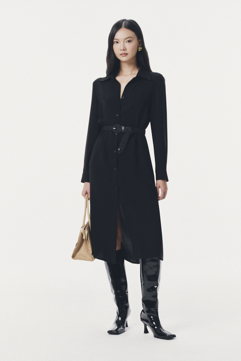 Đầm sơ mi dáng dài mặt cát kèm đai lưng