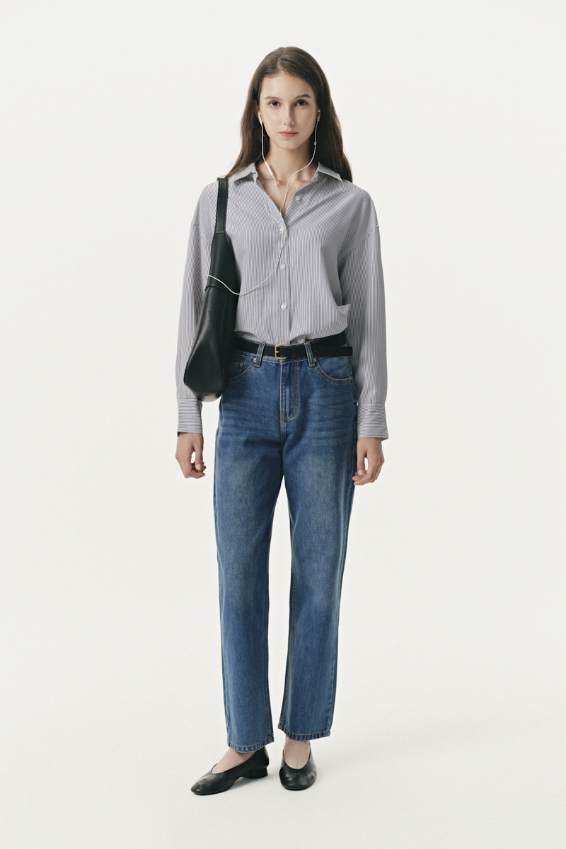 The Basic Oversize Shirt - Kẻ sọc navy liti