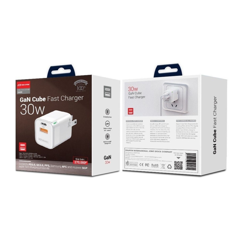 Củ sạc Drapow 30W GA32 - 2 cổng sạc nhanh