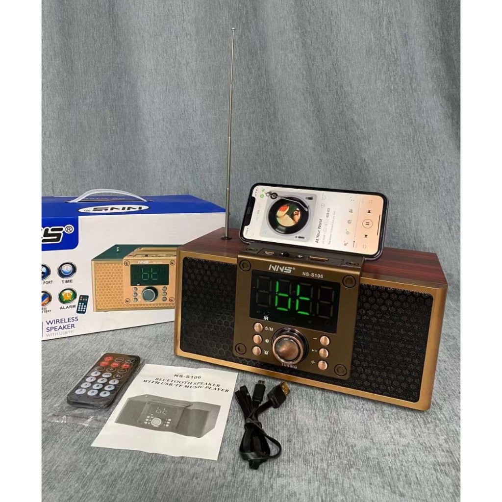 Loa bluetooth kiêm đồng hồ để bàn hãng NNS S106- Vỏ vân gỗ có FM 