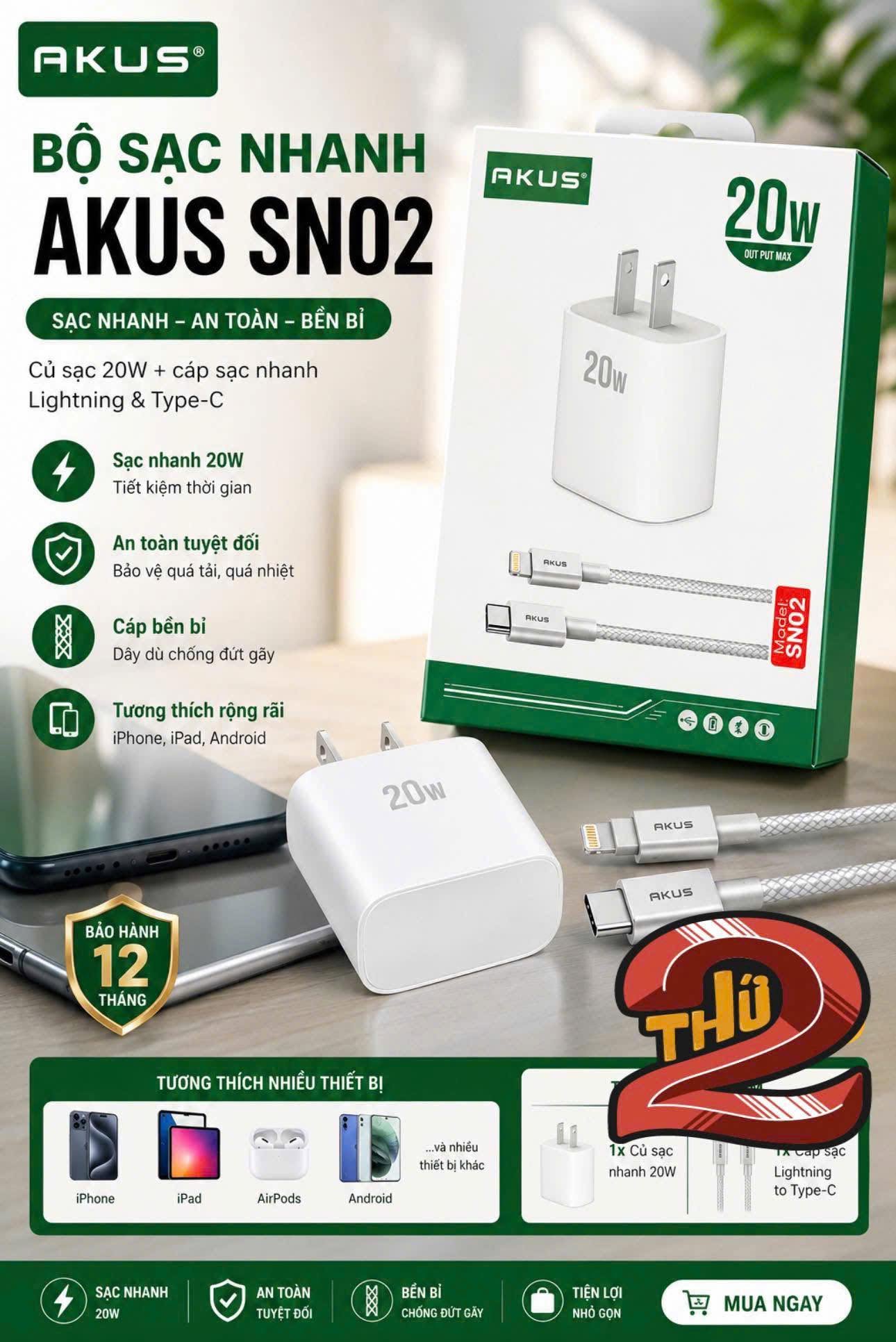 BỘ SẠC NHANH AKUS SN02 20W 