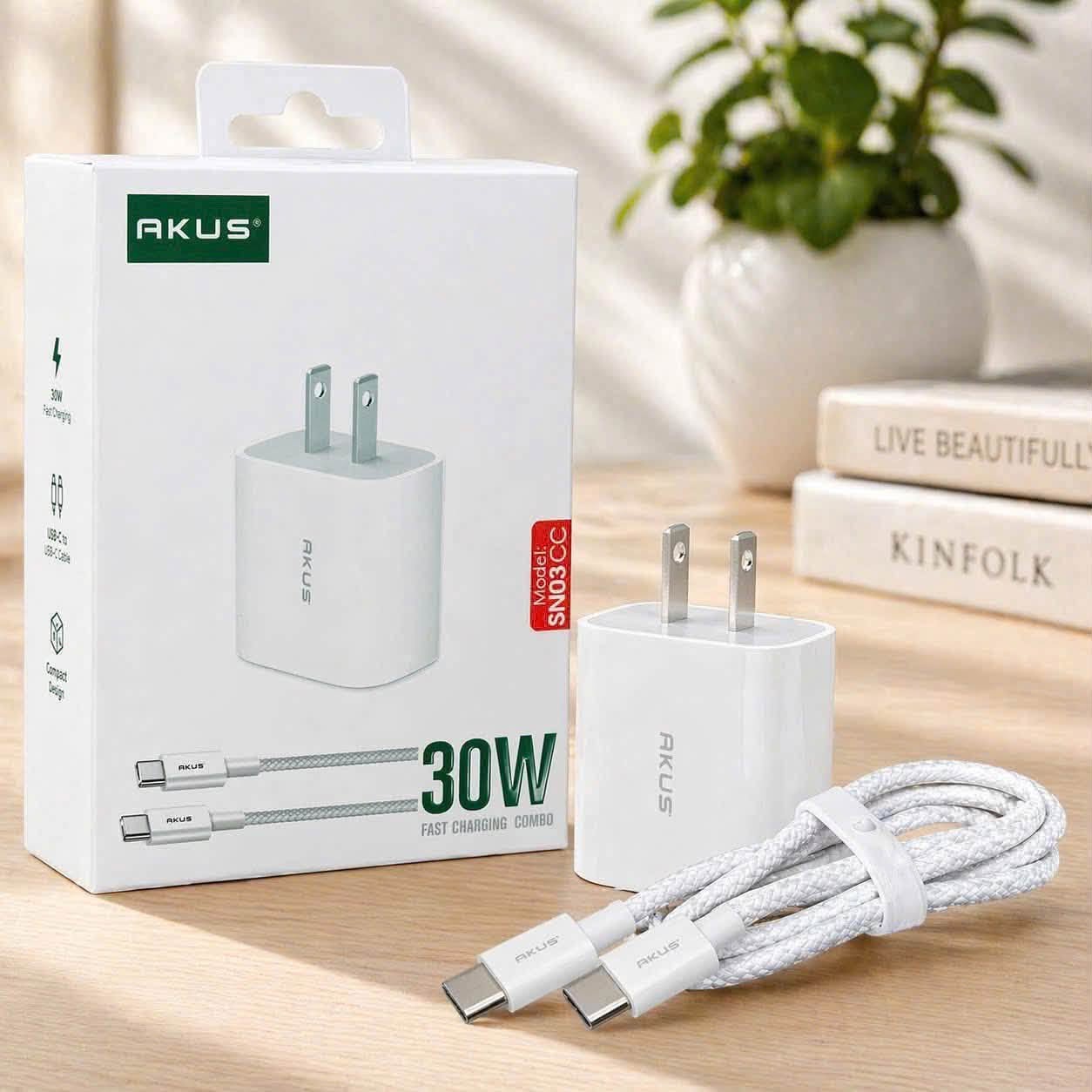 Bộ Sạc Nhanh Akus 30W SN03 - ( kèm cáp C-C & C-L ) 