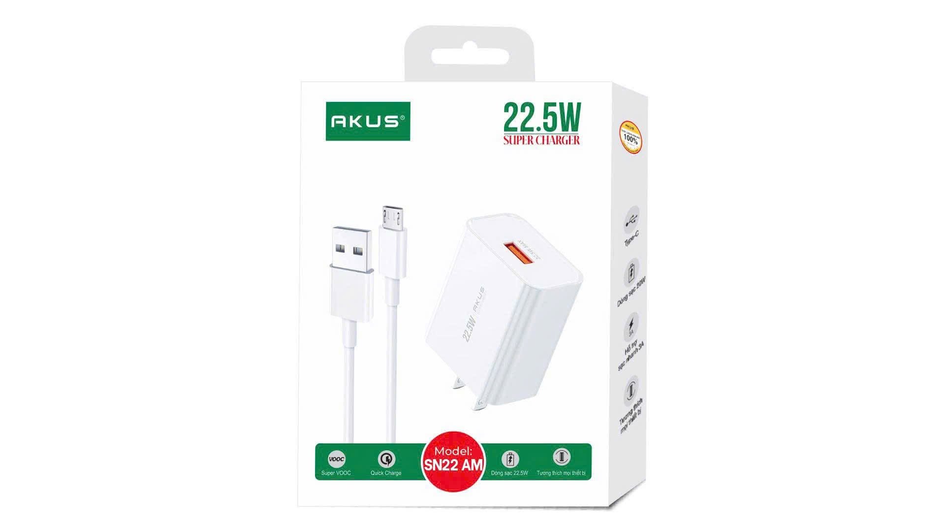 BỘ SẠC NHANH AKUS SN22 AC 22.5W kèm cáp ( USB-C ) 