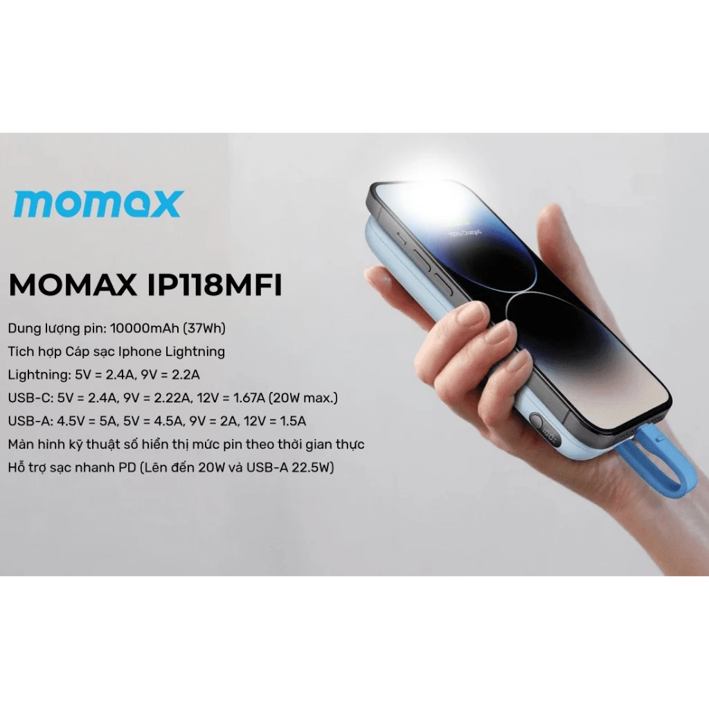 Sạc dự phòng Momax iPower PD3 10.000mAh kèm cáp Lighning MFI