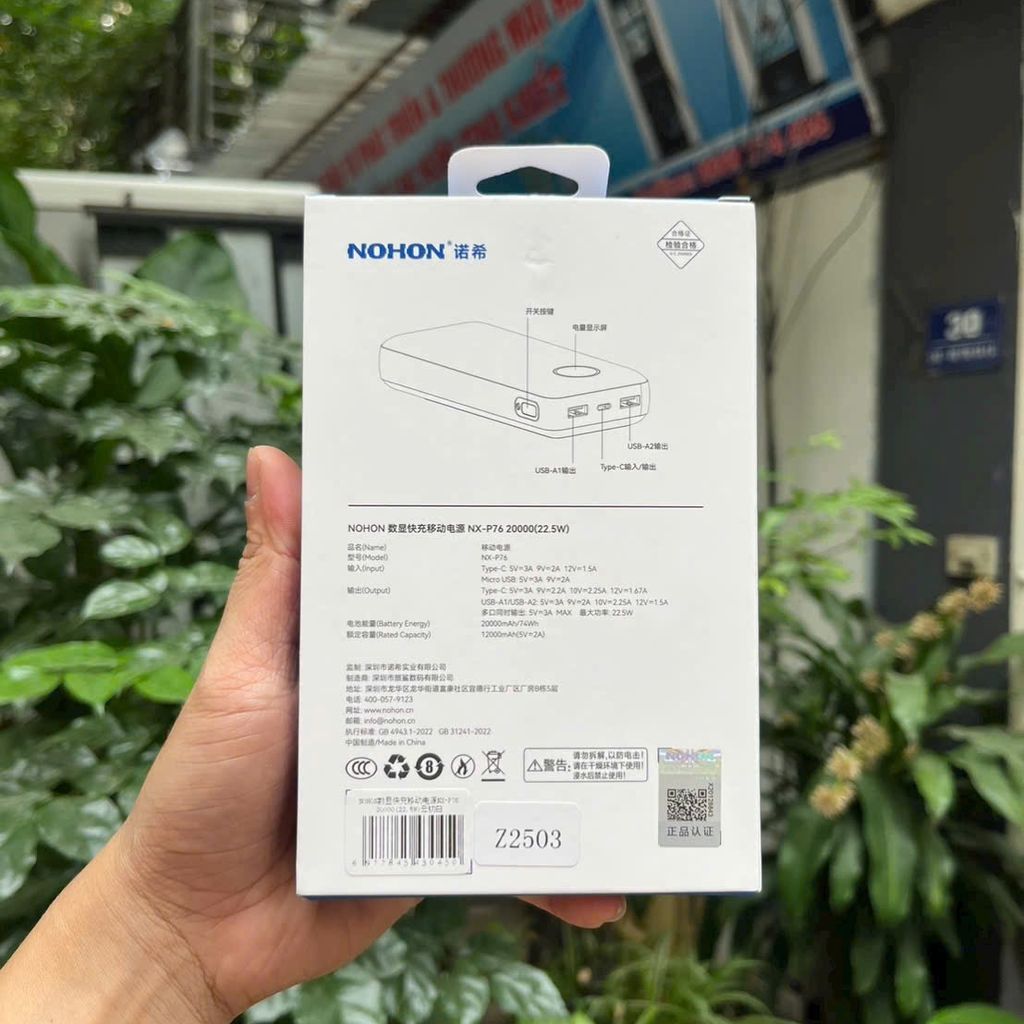 Sạc dự phòng NOHON 20.000mAh – Sạc nhanh 22.5W PD3.0 QC3.0, màn hình LED