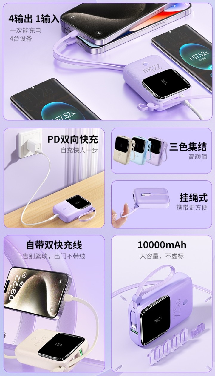 Sạc dự phòng WEKOME WP-53 10000mAh PD 20W, Kèm 2 cáp sạc, Có 3C, Cell Pin Li-ion 21700