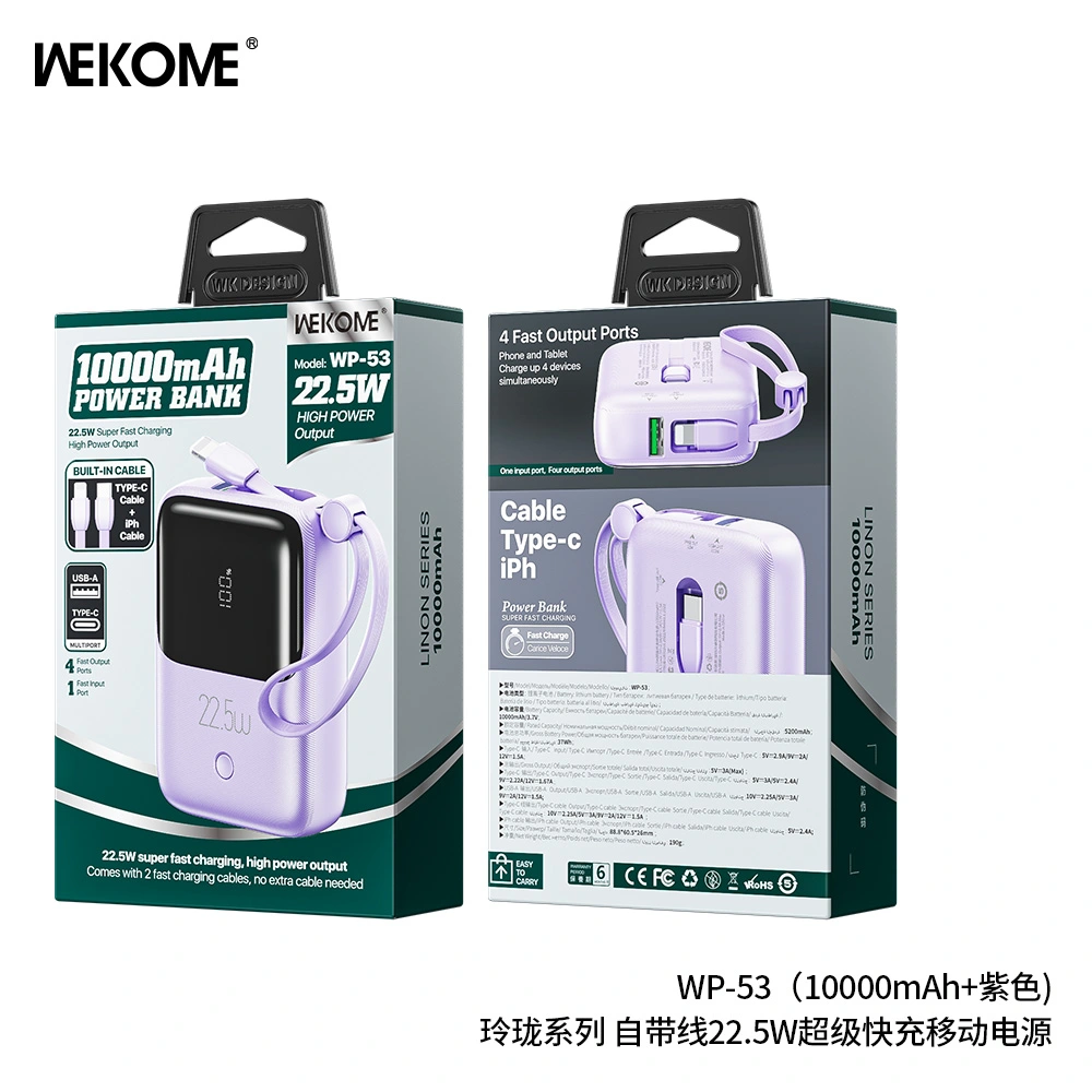 Sạc dự phòng WEKOME WP-53 10000mAh PD 20W, Kèm 2 cáp sạc, Có 3C, Cell Pin Li-ion 21700