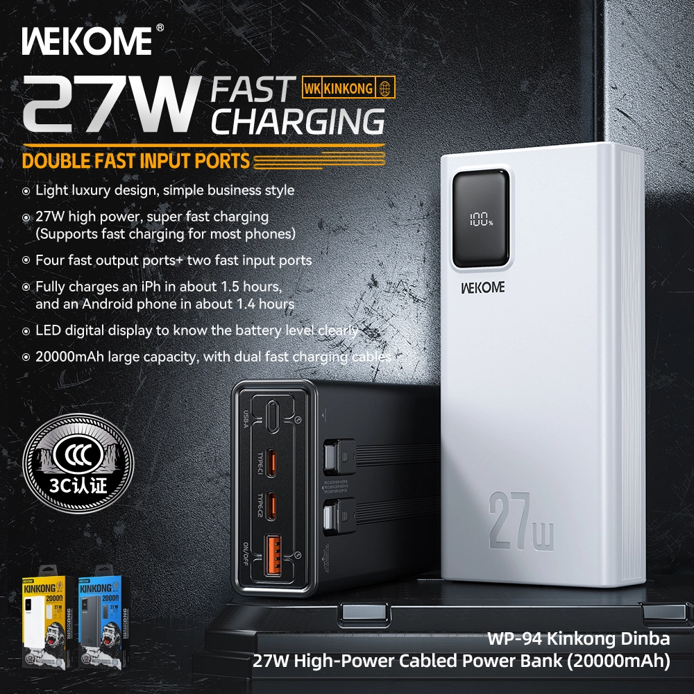 Sạc dự phòng WEKOME WP-94 20000mah 27W, kèm 2 dây