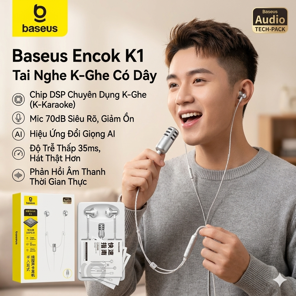 Tai nghe dây chân Type C BASEUS ANCOK - K1, có Mic thu âm, hát karaoke online 