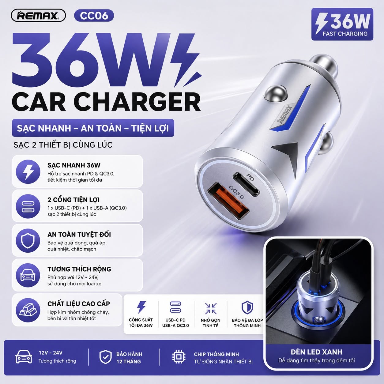 Tẩu sạc nhanh 36W cho xe hơi hãng REMAX CC06 