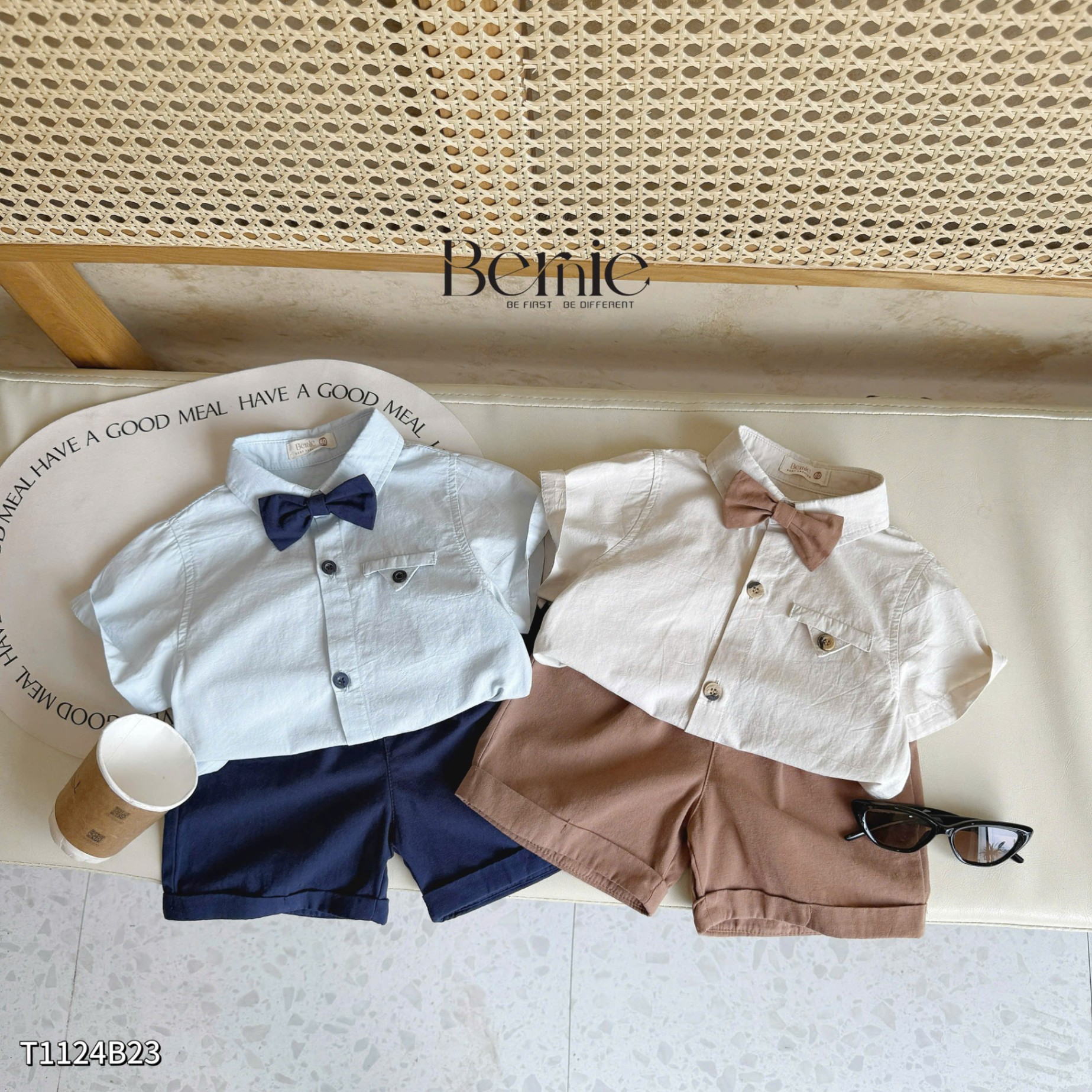 Set sơ mi túi cơi lật phối nơ ri7 (80-140)