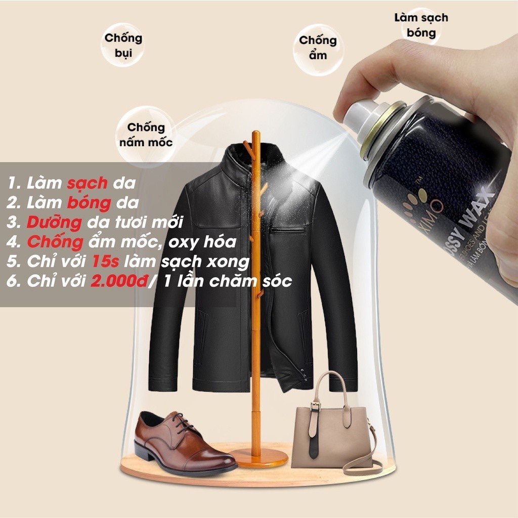 Chai xịt sạch và làm bóng giày đồ da, túi ví, áo, ghế da giúp vệ sinh, dưỡng ẩm chống mốc XIMO Glossy Wax 300ml
