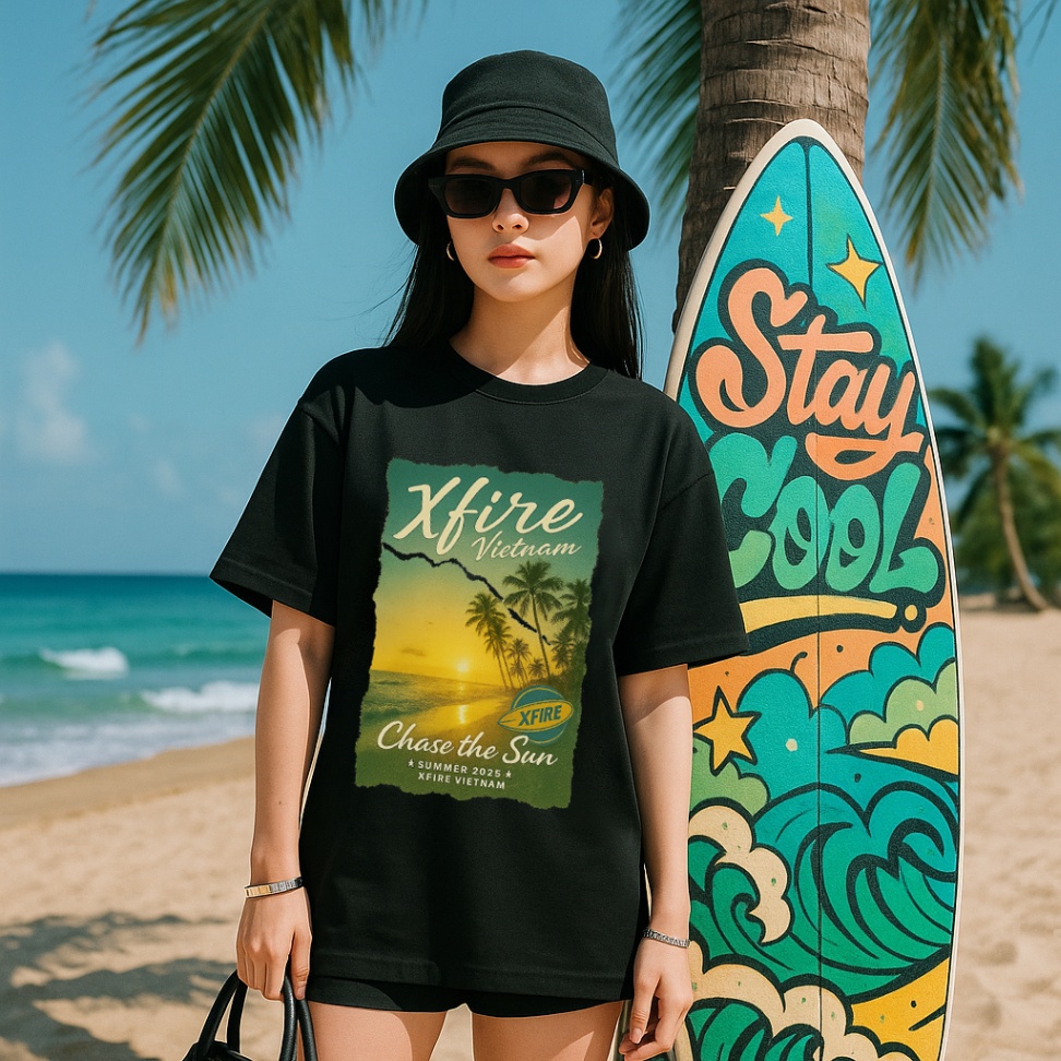 Áo Thun In Mùa Hè 3, Chill, Bãi Biển. Áo Cây Dừa Chase The Sun Xfire Vietnam. 100% Cotton, Oversized
