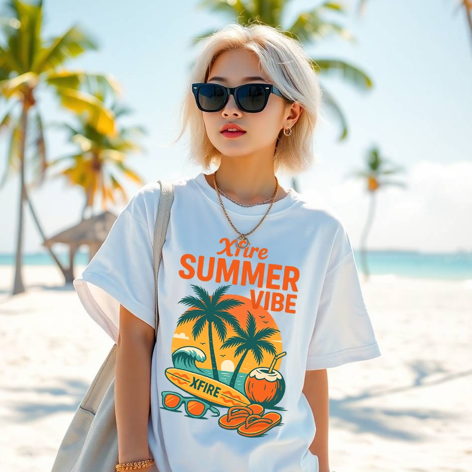 Áo Thun In Mùa Hè 1, Bãi Biển. Áo Thun Cây Dừa Summer Vibe Xfire Vietnam. Vải 100% Cotton, Oversized