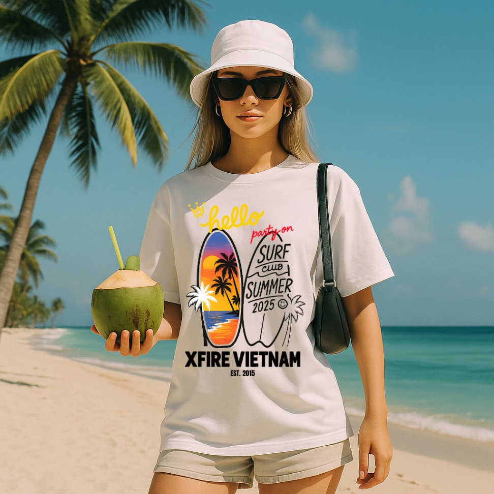 Áo Thun Unisex Đi Biển Mùa Hè, Form Rộng In Hình Surf Club 2025 By Xfire Vietnam. Vải 100% Cotton