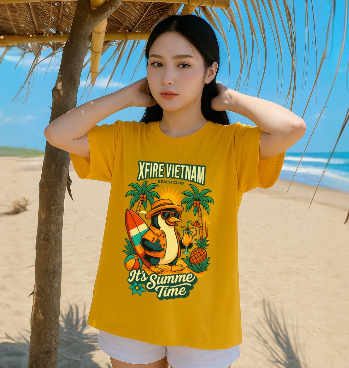 Áo Thun Unisex Hè Hình Chim Cánh Cụt Vui Nhộn Xfire Vietnam Beach Club. Form Rộng, Vải 100% Cotton