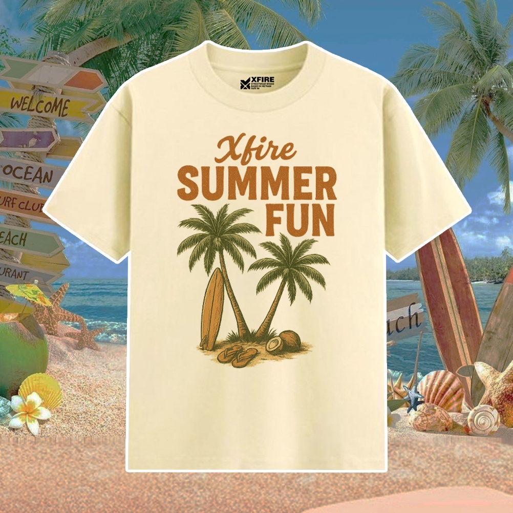 Áo Thun In Mùa Hè 2, Fun, Bãi Biển. Áo Thun Cây Dừa Summer Fun Xfire Vietnam. Vải 100% Cotton, Oversized