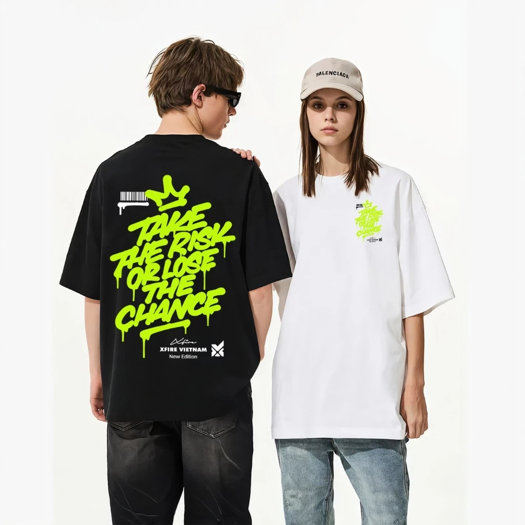 Áo Thun Boxy / Oversized In Chữ Take The Rick Or Lose The Chance ATT03042502. 100% Cotton, 2 Chiều