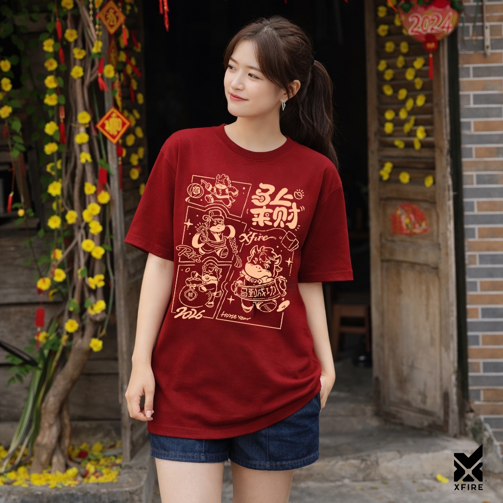 Áo Thun Tết 2026 Thần Tài Horse Year Bính Ngọ ATET16 Nam Nữ Oversized Cotton 100% Xfire Vietnam
