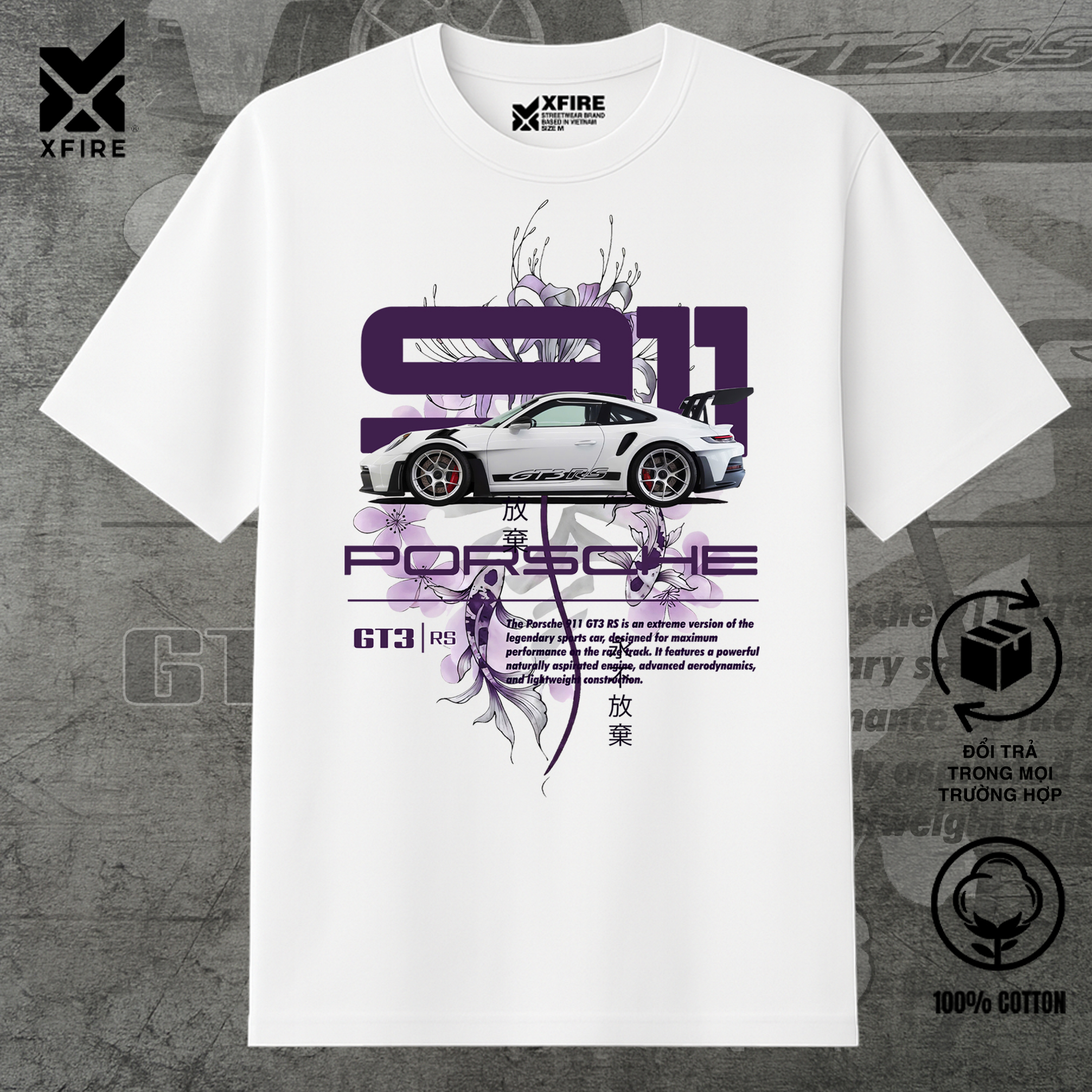 Áo Thun Porsche 911 GT3 RS Hoa Bỉ Ngạn Xfire Vietnam Form Oversized Cotton 235GSM Unisex Nam Nữ
