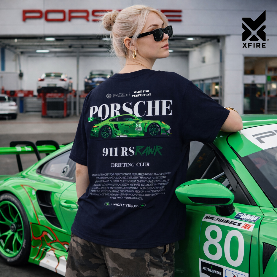 Áo Thun Porsche 911 RS RAWR Drift Club Xfire Vietnam Form Rộng Oversized Unisex Cotton 100% 2 Chiều