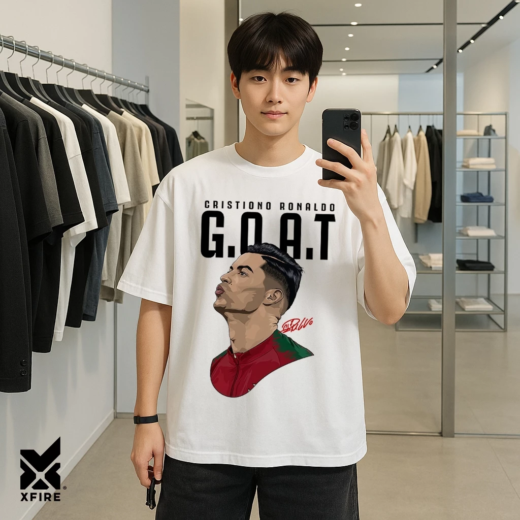 Áo Thun Unisex CR7 Ronaldo G.O.A.T Cotton 100% Form Rộng Oversize Thể Thao Thời Trang Nam Nữ