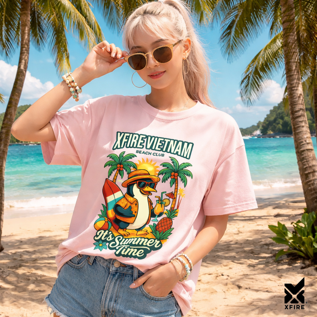 Áo Thun Unisex Hè Hình Chim Cánh Cụt Vui Nhộn Xfire Vietnam Beach Club. Form Rộng, Vải 100% Cotton