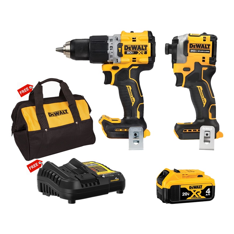 Combo NEW DeWalt - Máy vặn vít Dewalt DCF850N-KR + Máy khoan pin DCD805N-KR + Pin 20V 4.0Ah - Tặng Đế sạc DCB1104-B1+ Túi đựng dụng cụ