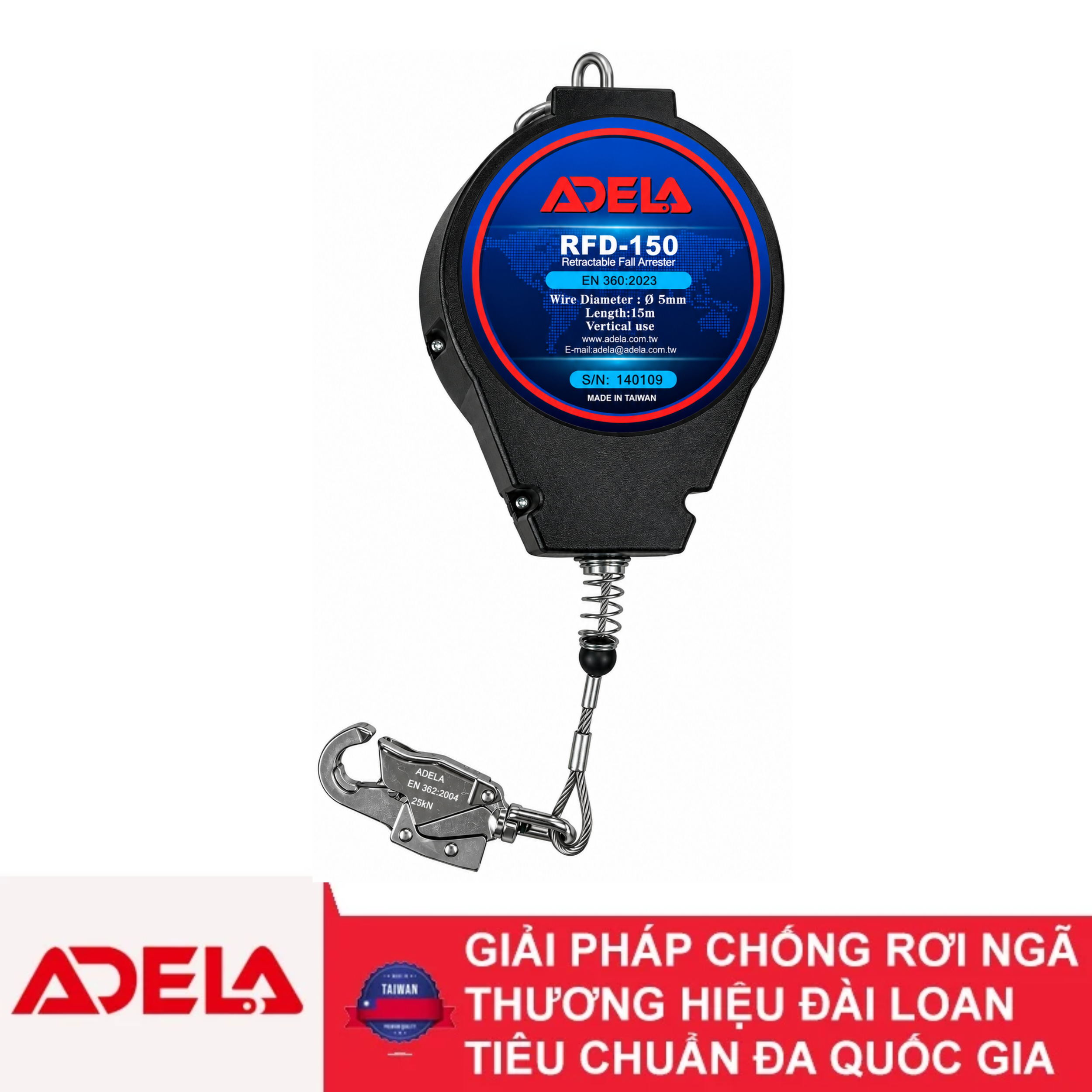 Cuộn dây cáp hãm trượt tự động 15m cáp thép ADELA RFD 150
