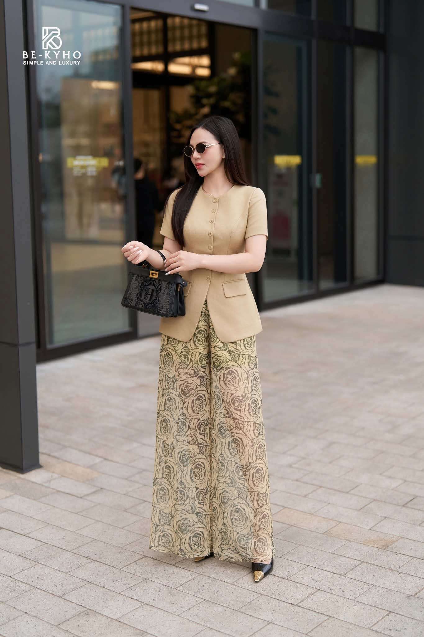 Quần suông tơ hoa hồng