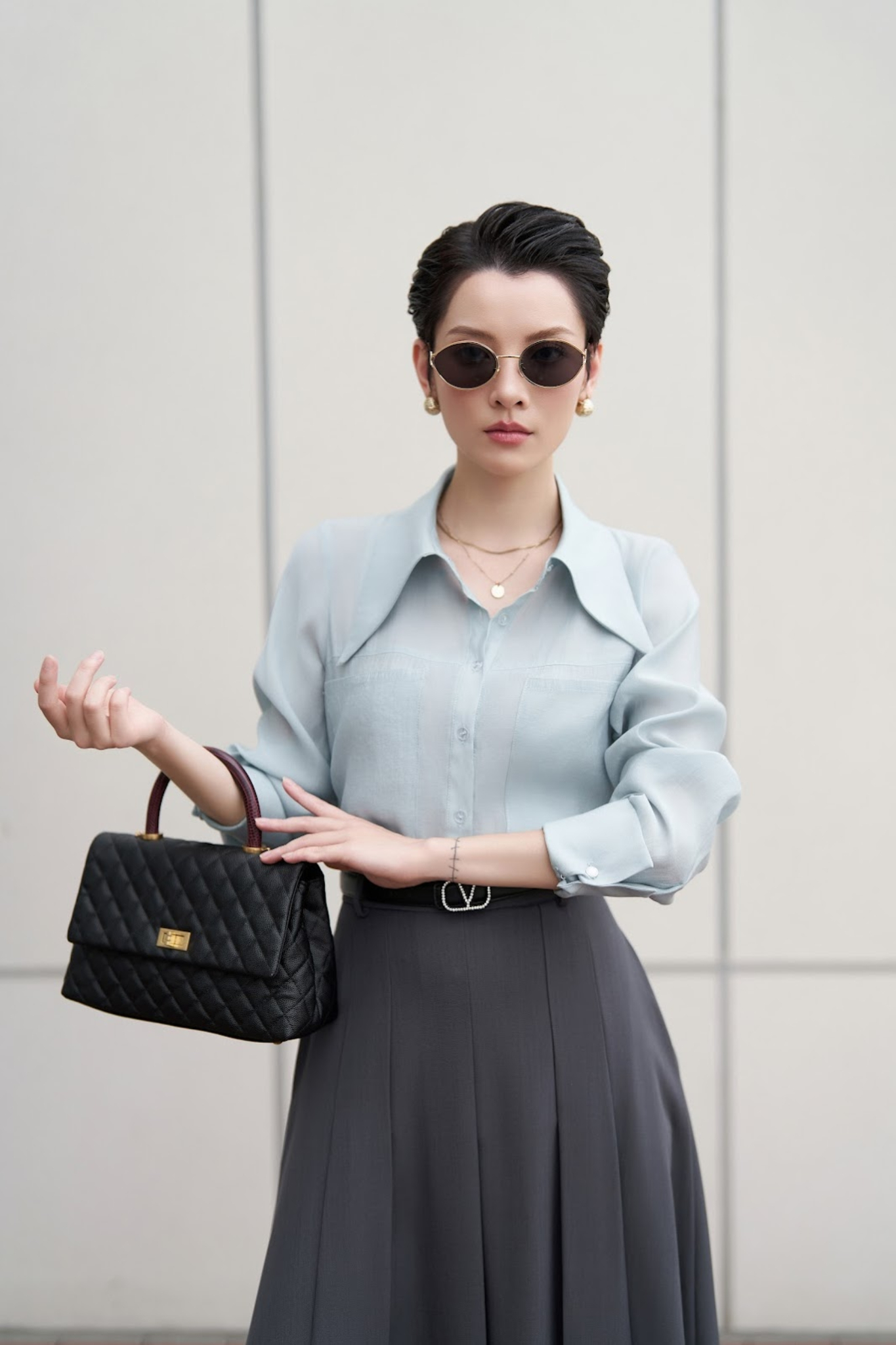Sơ mi xanh cách điệu