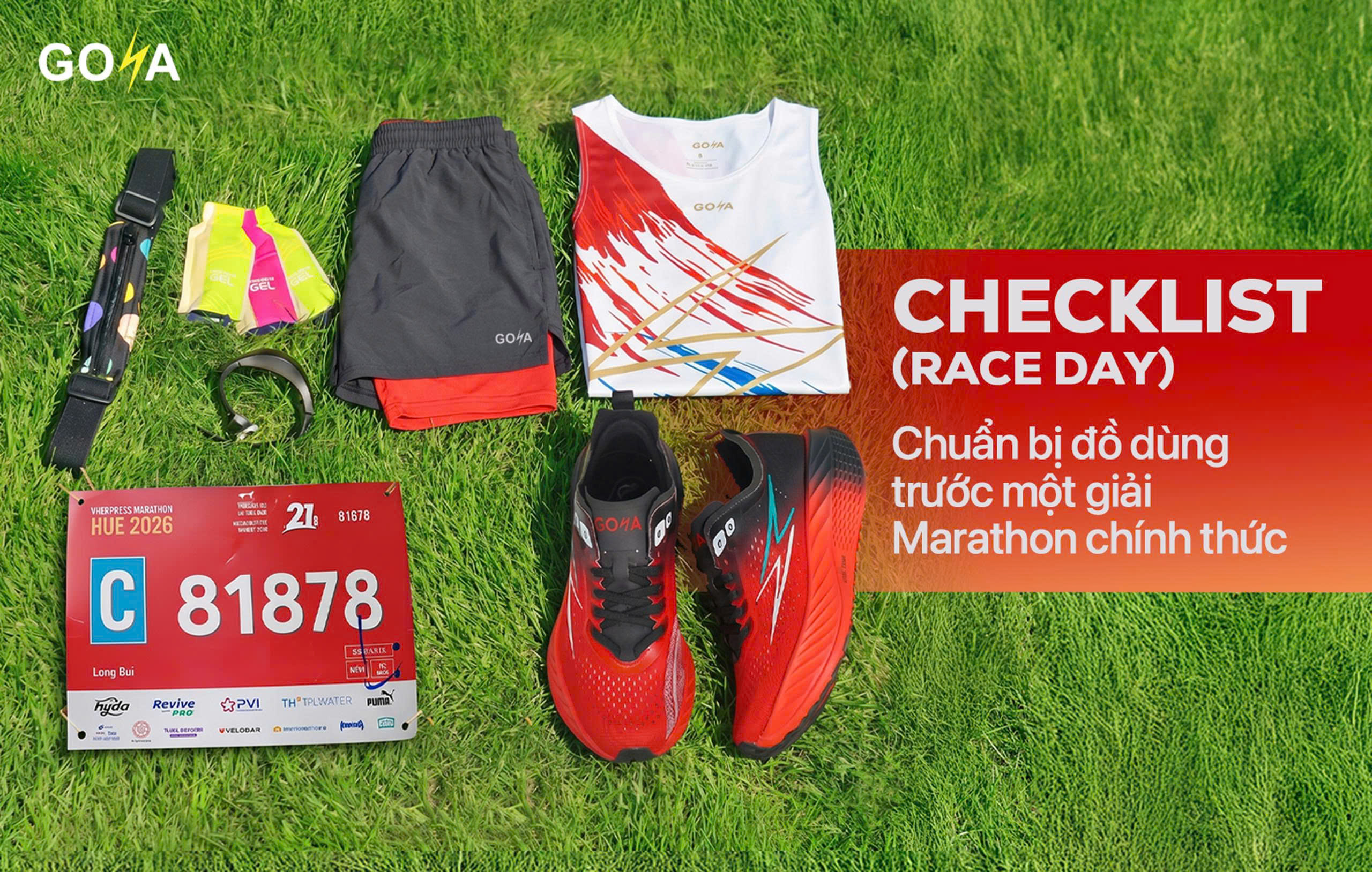 Checklist chuẩn bị đồ dùng (bao gồm giày) trước một giải Marathon chính thức (Race Day).