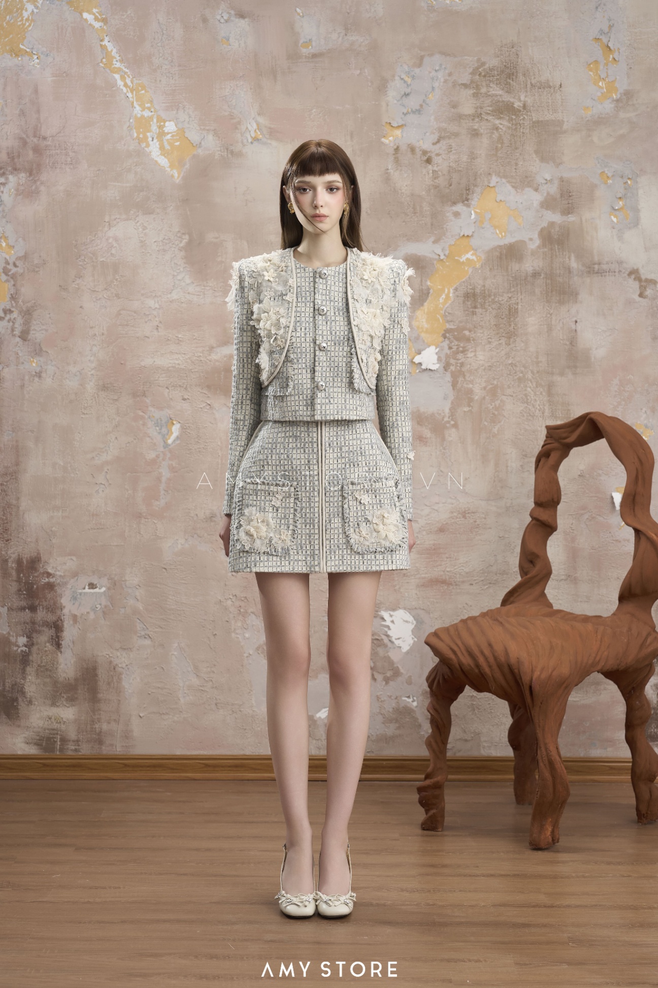 Set dạ tweed đính hoa vải giả 2 lớp