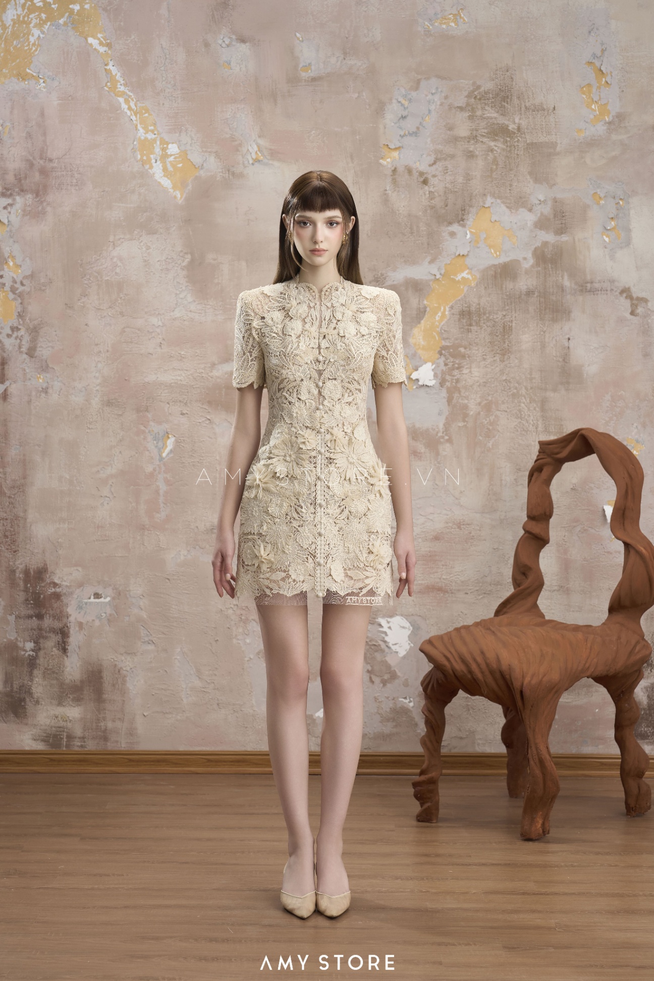 Váy ren cotton A ngắn đính hoa nổi