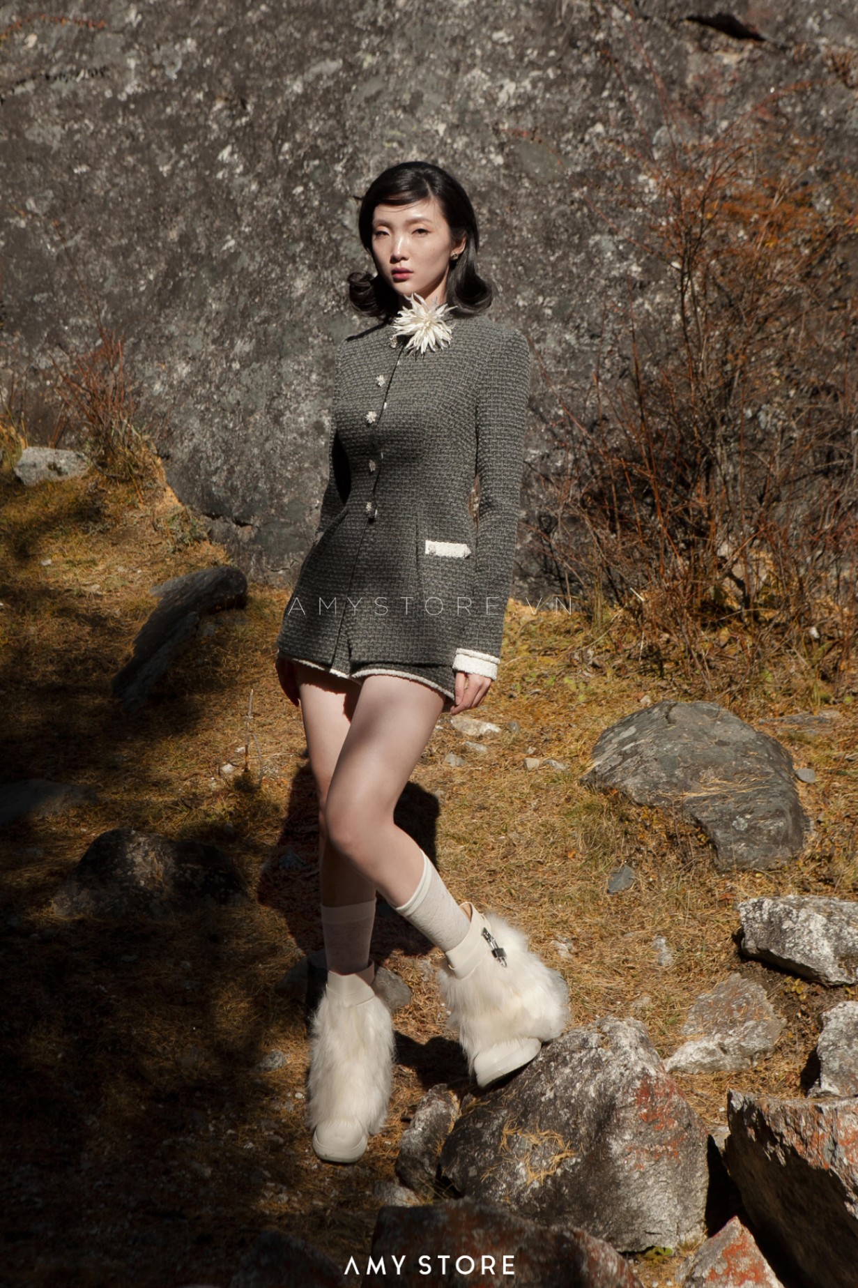 Set dạ tweed cổ trụ, quần short