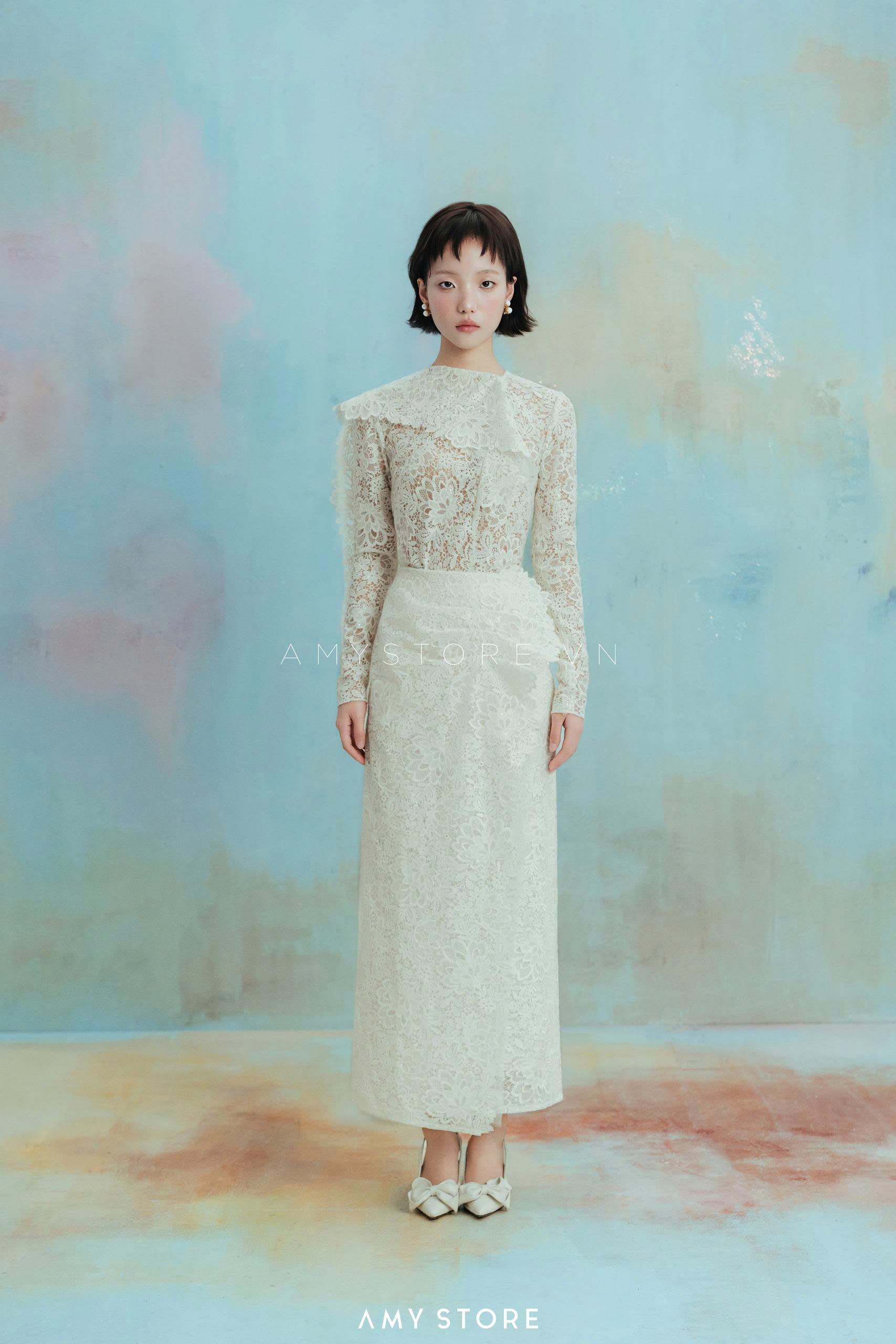 Set ren áo cổ choàng lệch