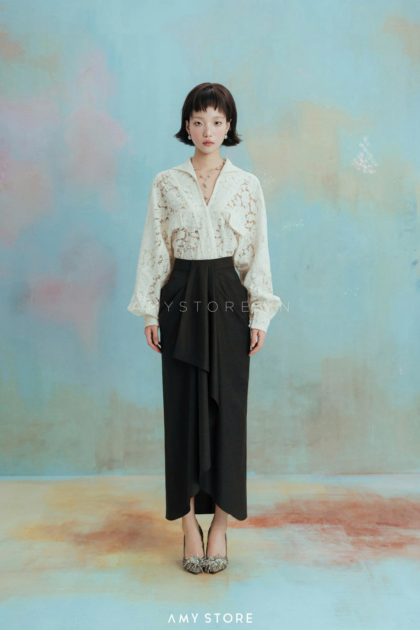 Set sơ mi cổ V chân suông xếp nếp