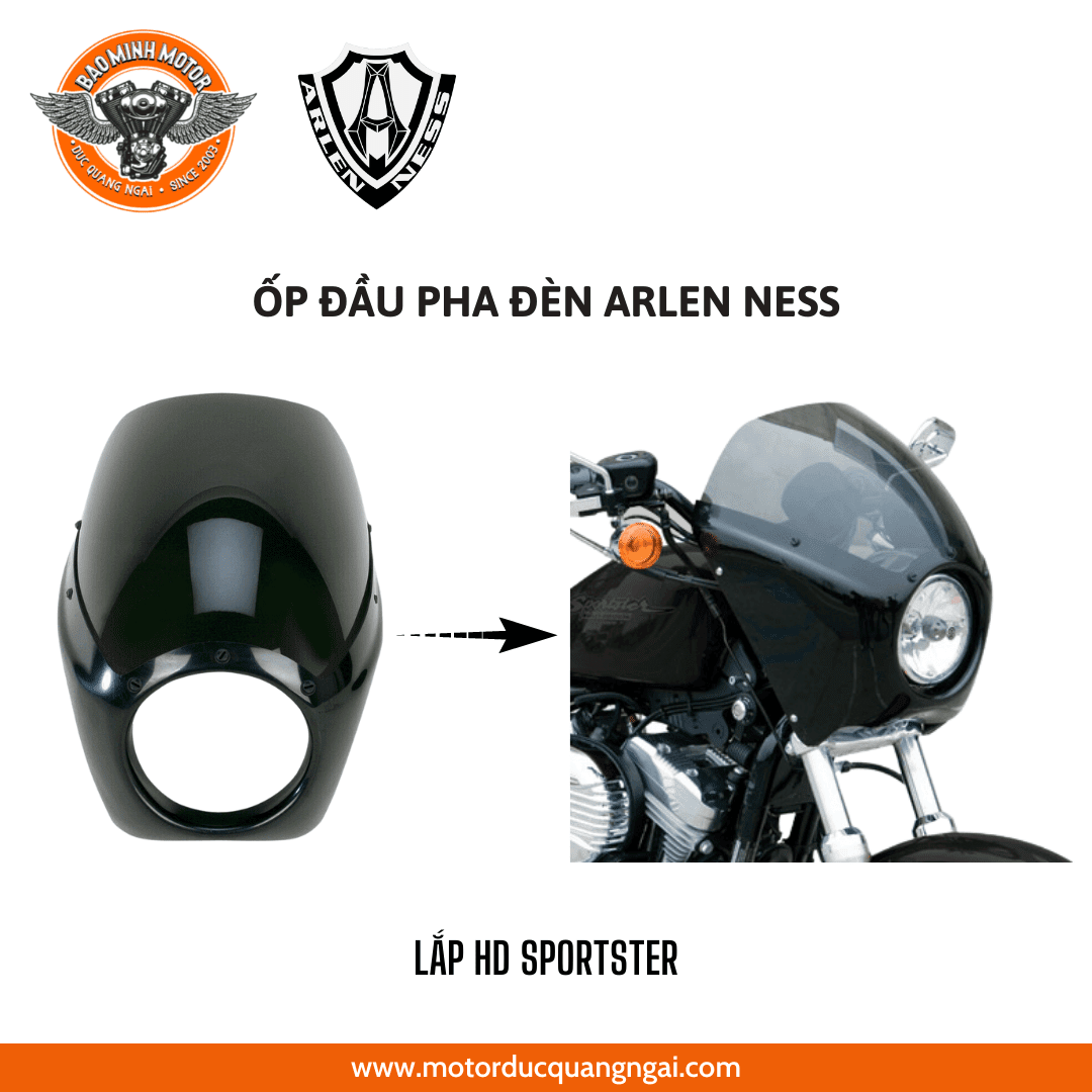 ỐP ĐẦU PHA ĐÈN HIỆU ARLEN NESS MÀU ĐEN LẮP HD SPORTSTER